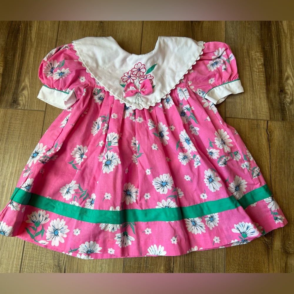 Vintage 80s 90s pink floral toddler dress big white collar cottagecore 2T